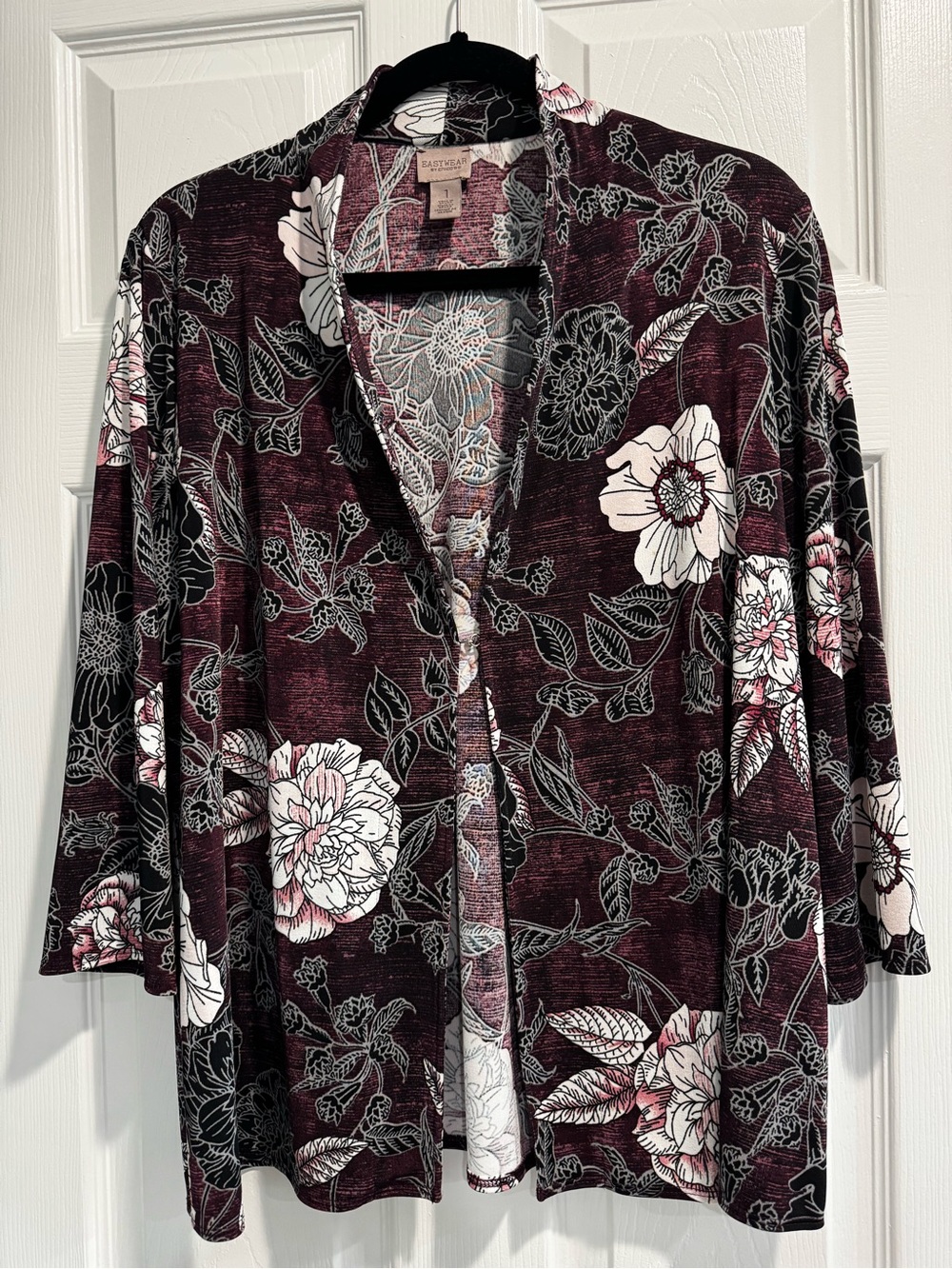 Chicos Easywear Burgundy Floral Print Open Cardigan